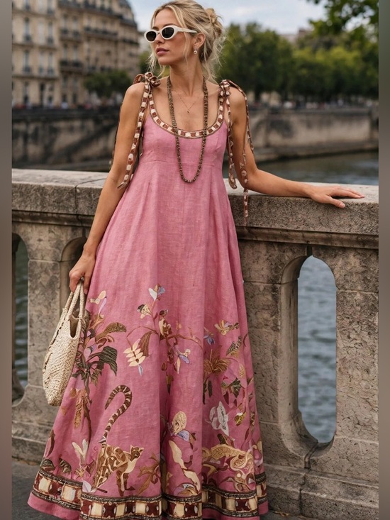 Alemais Dresses & Skirts - ALÉMAIS Zuri Linen Ballet Midi Sundress Pink Floral Tie-Shoulder size US 2